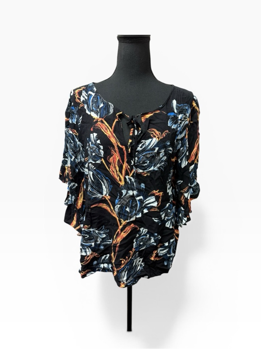 Lauren Conrad Floral Blouse Medium Black Blue Orange Tie Neck Top